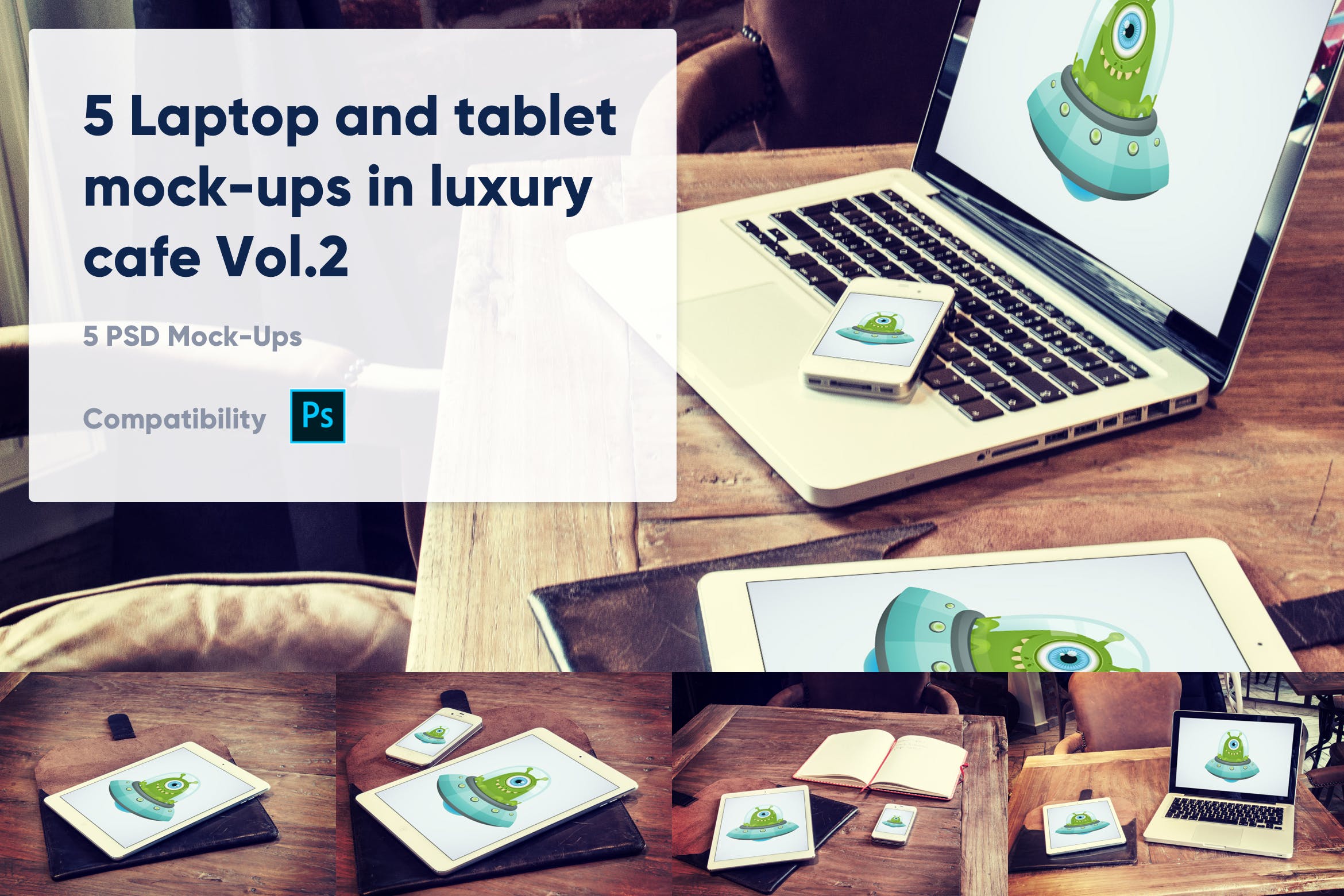 咖啡厅场景Macbook&平板电脑素材库精选样机模板v2 5 Laptop and tablet mock-ups in cafe Vol. 2插图