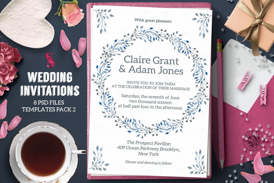 8款粉色少女元素婚礼邀请函模板 8 Wedding Invitations Pack 2插图(6)