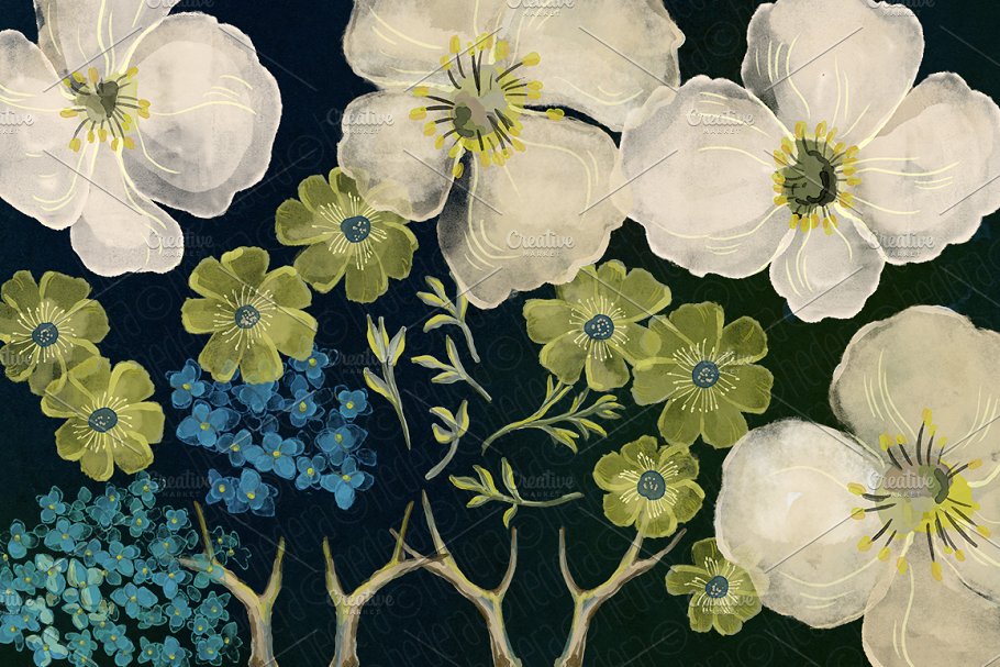 水彩阿尔卑斯罂粟花卉花环 Watercolor wreath alpine poppy dark插图(3)