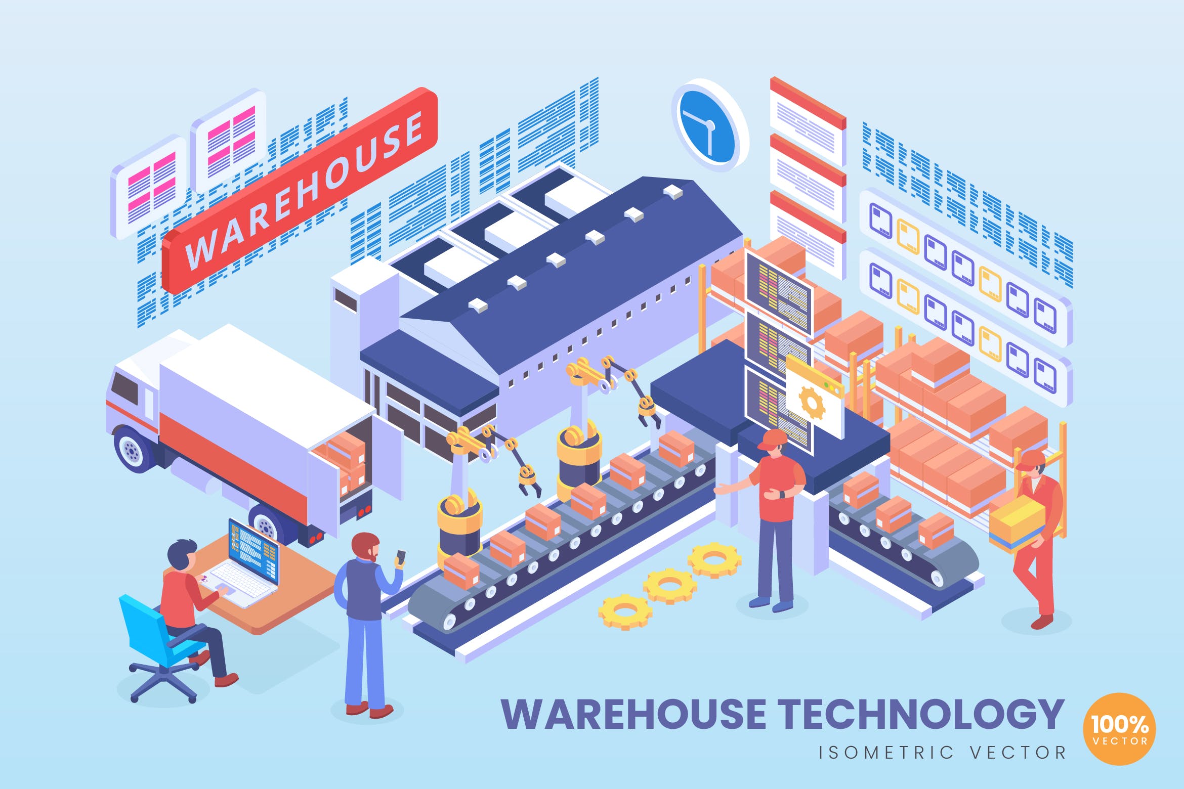 现代仓库管理技术等距矢量素材库精选科技概念插画 Isometric Warehouse Technology Vector Concept插图