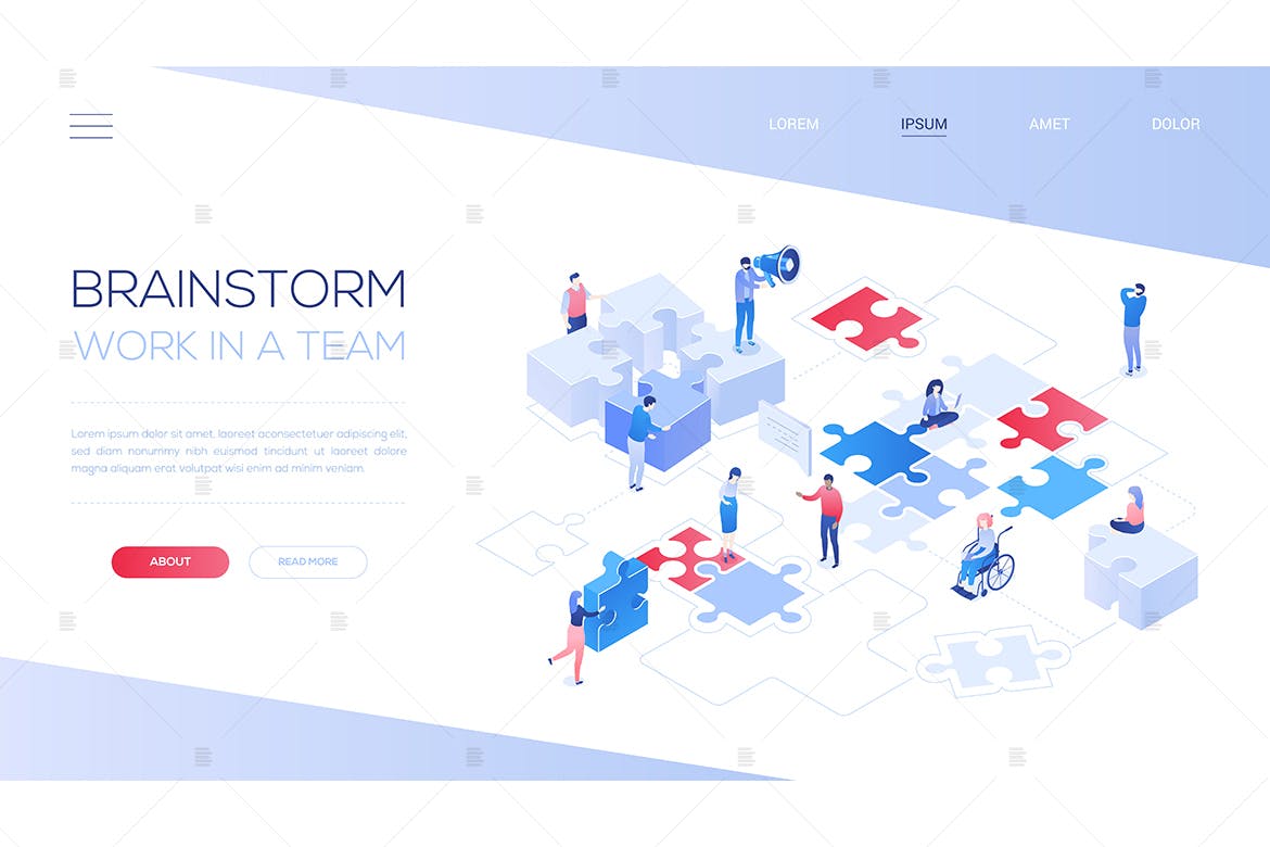头脑风暴&团队合作线条艺术设计风格网站Banner设计插画素材 Brainstorm and teamwork – isometric web banner插图(1)