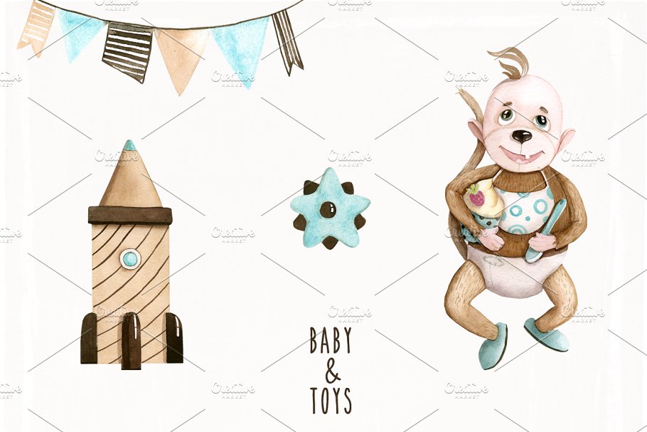 婴儿儿童主题水彩剪贴画 Watercolor Baby Dreams插图(2)