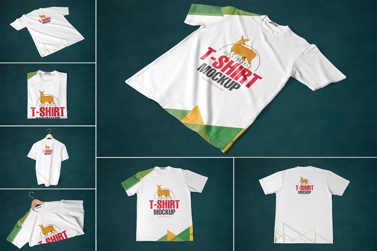 7组圆领时尚印花T恤服装设计样机 7 Round Neck T-Shirt Mockups插图