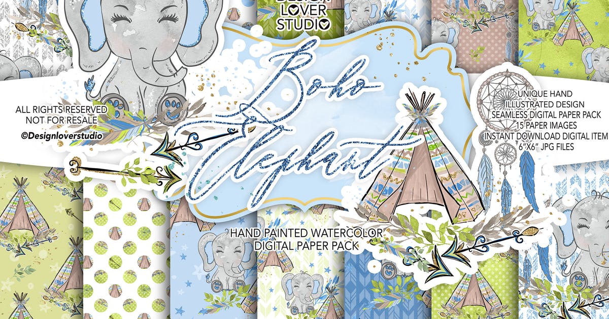 波西米亚风格可爱大象水彩背景图案合集 Boho Elephant Blue Cute digital paper插图