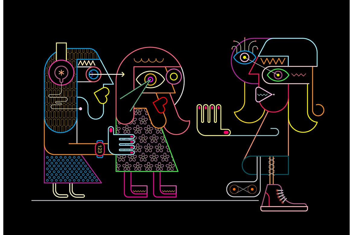 邀请拒绝抗拒场景抽象彩色线条艺术矢量插画素材 Woman Stops Two Girlfriends vector illustration插图