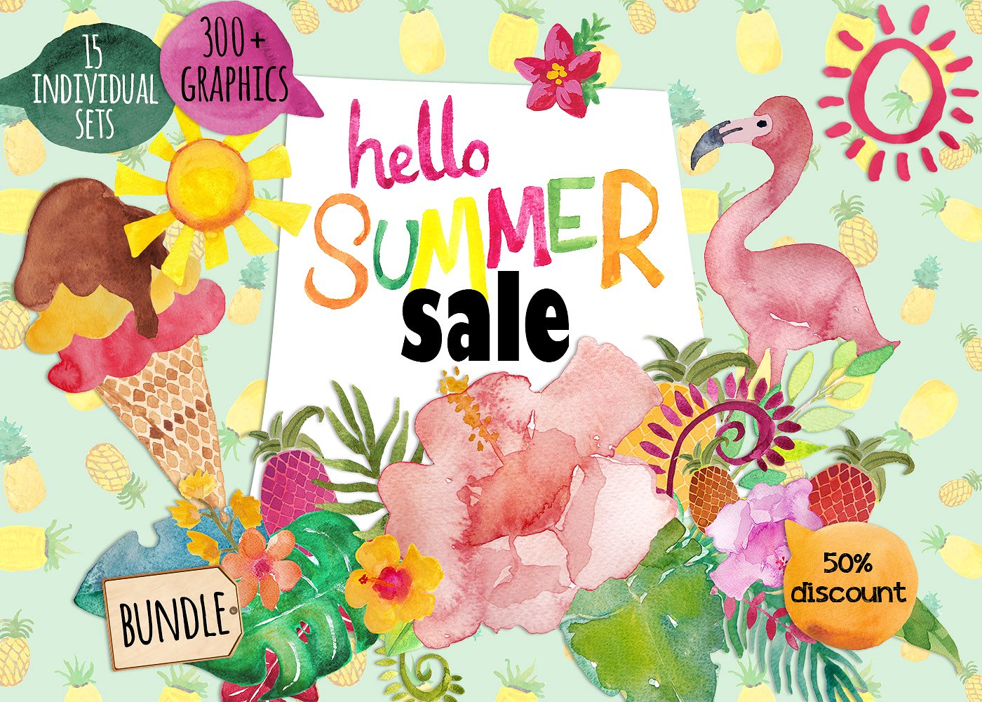 清新可爱的夏天手绘水彩风格元素大集合插图