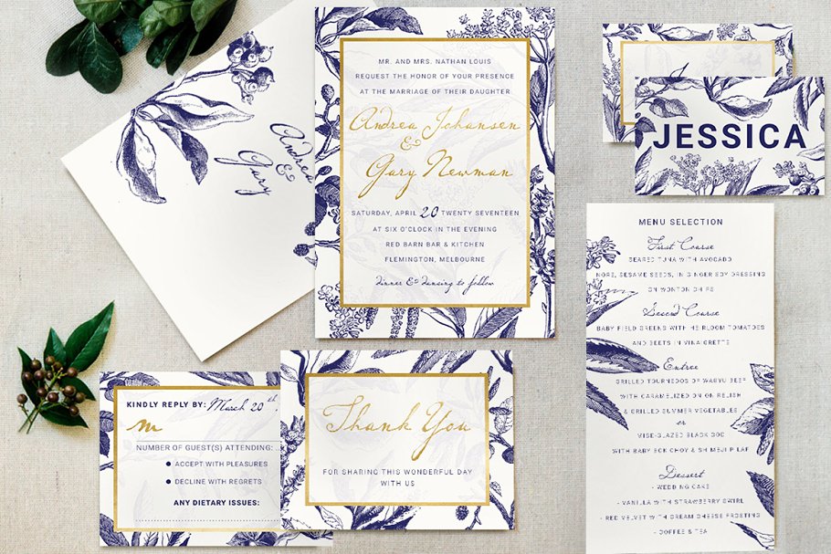 金色&海军蓝手绘图案插画婚礼邀请函设计模板 Gold & Navy Wedding Invitation Suite插图(4)