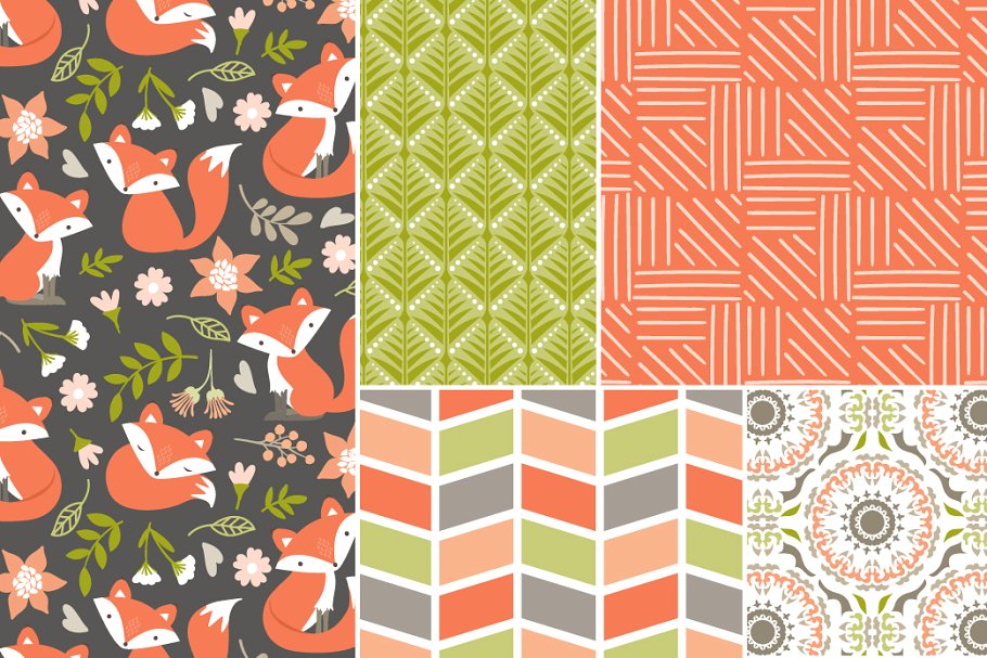 可爱狐狸花卉几何背景 Cute Fox Trail Woodland Patterns插图(1)