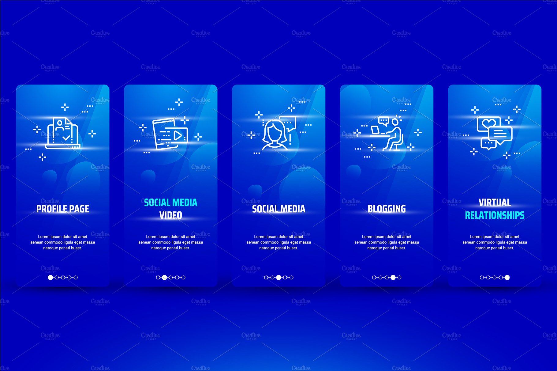 社交媒体风格元素闪屏启动界面设计模板 Social Metaphors on Blue Cards插图