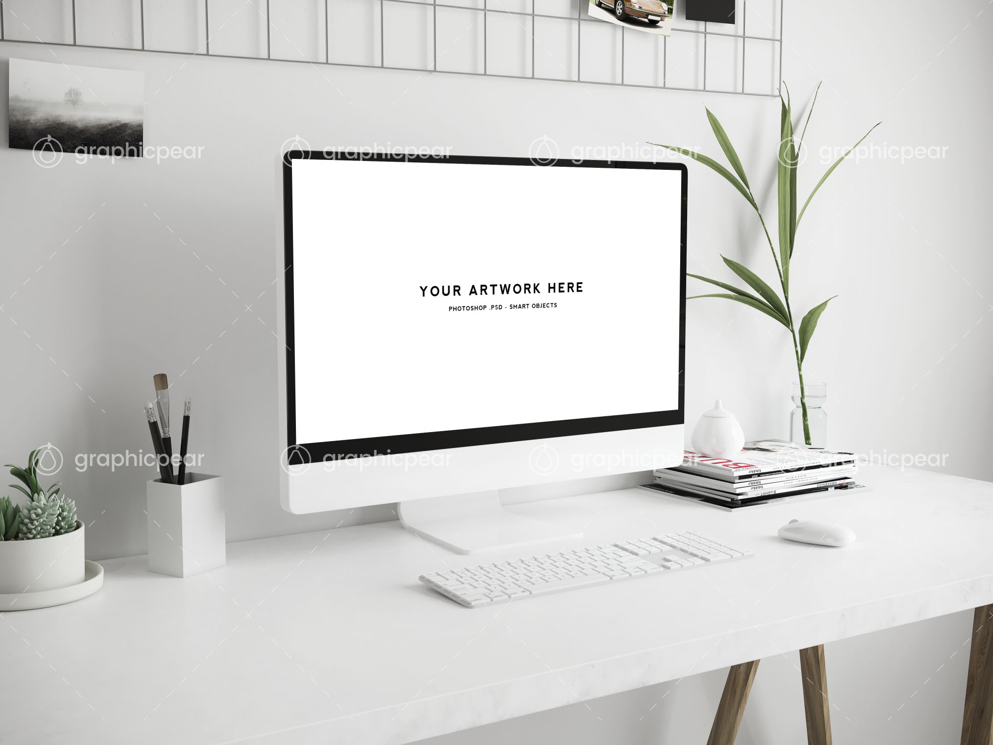 办公桌场景-iMac一体机屏幕演示样机模板 Workspace Scene Mockup – Mac Screen插图(3)