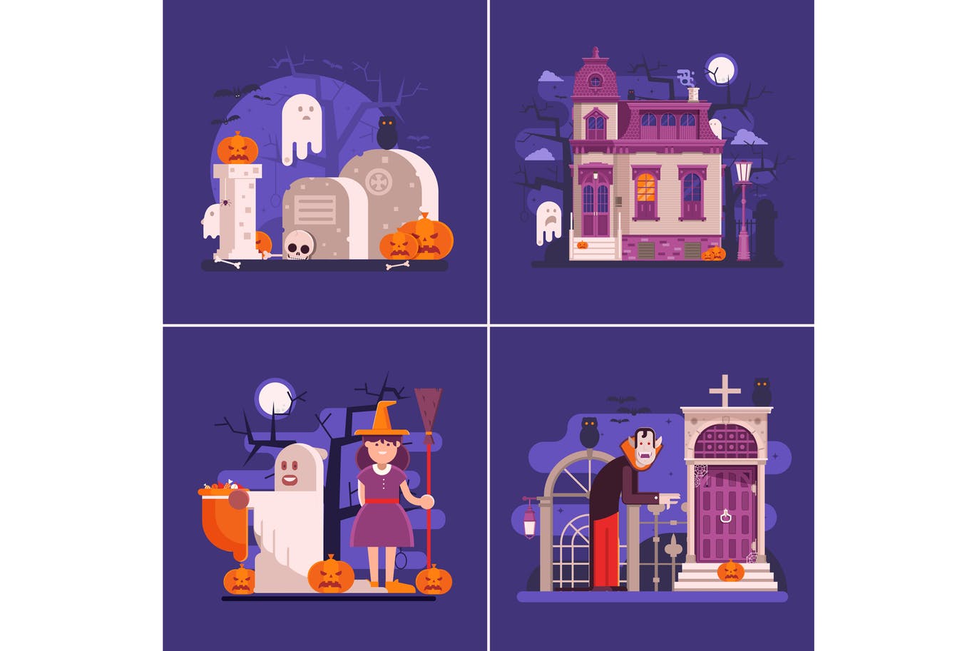 万圣节之夜横Banner设计矢量插画模板 Halloween Night Banners with Scary Scenes插图