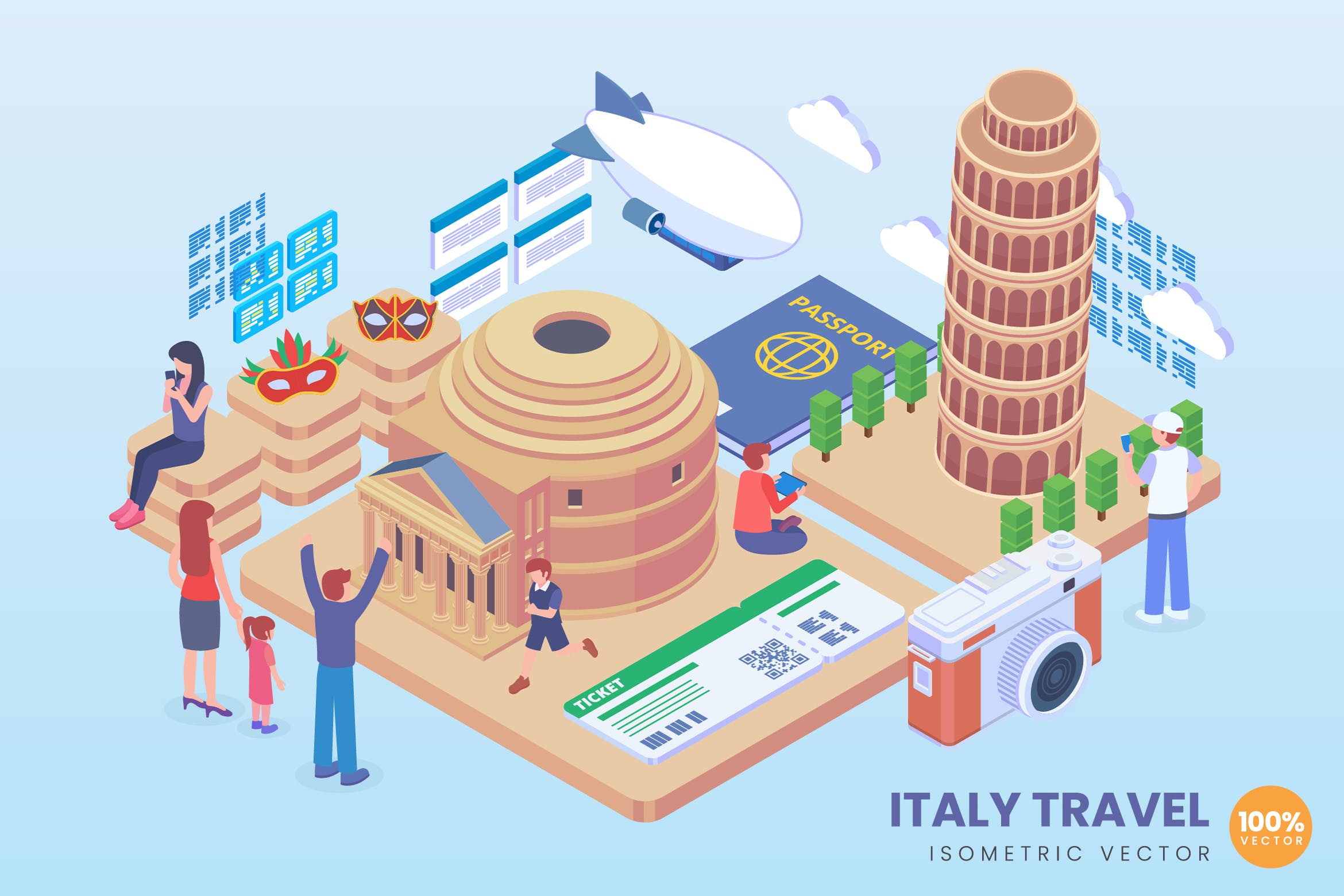 意大利旅行主题等距矢量素材库精选概念插画 Isometric Italy Travel Vector Concept插图