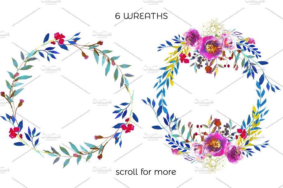 靛蓝粉红水彩花卉剪贴画 Indigo Pink Teal Watercolor Florals插图(2)