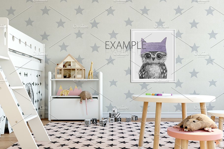 儿童主题卧室墙纸设计&相框样机 Interior KIDS WALL & FRAMES Mockup 2插图(40)