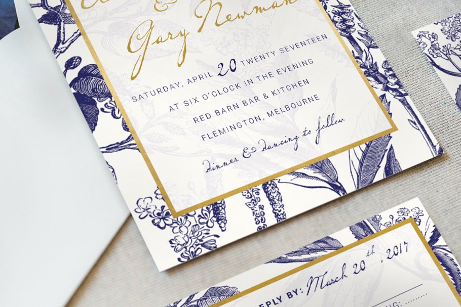 金色&海军蓝手绘图案插画婚礼邀请函设计模板 Gold & Navy Wedding Invitation Suite插图(2)