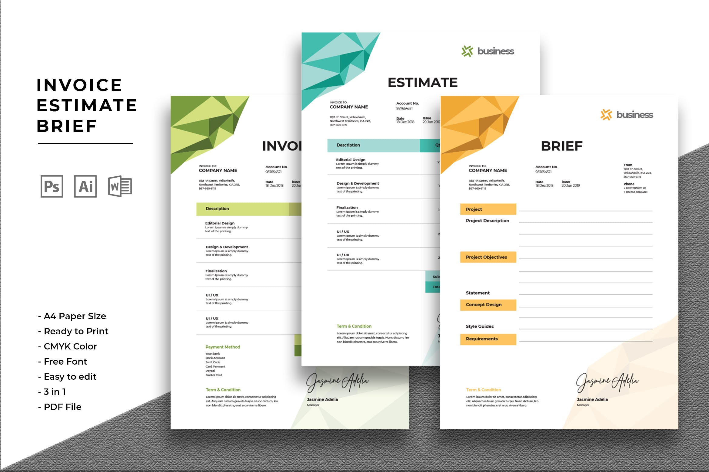 商业多用途发票/预算表/报价单设计模板 Invoice Estimate Brief插图