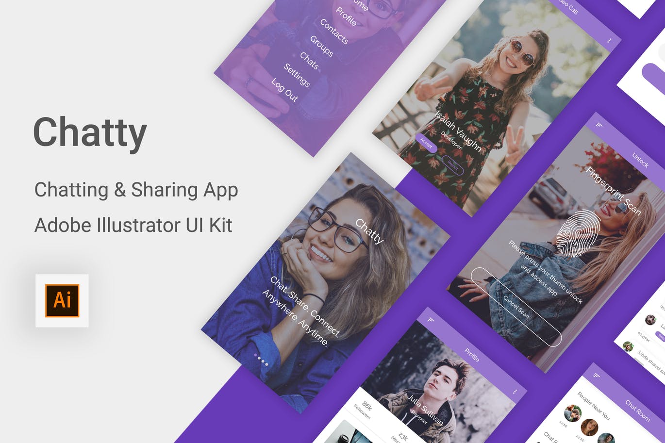 社交聊天&分享APP应用UI设计素材库精选套件 Chatty – Chatting & Sharing App -Adobe Illustrator插图