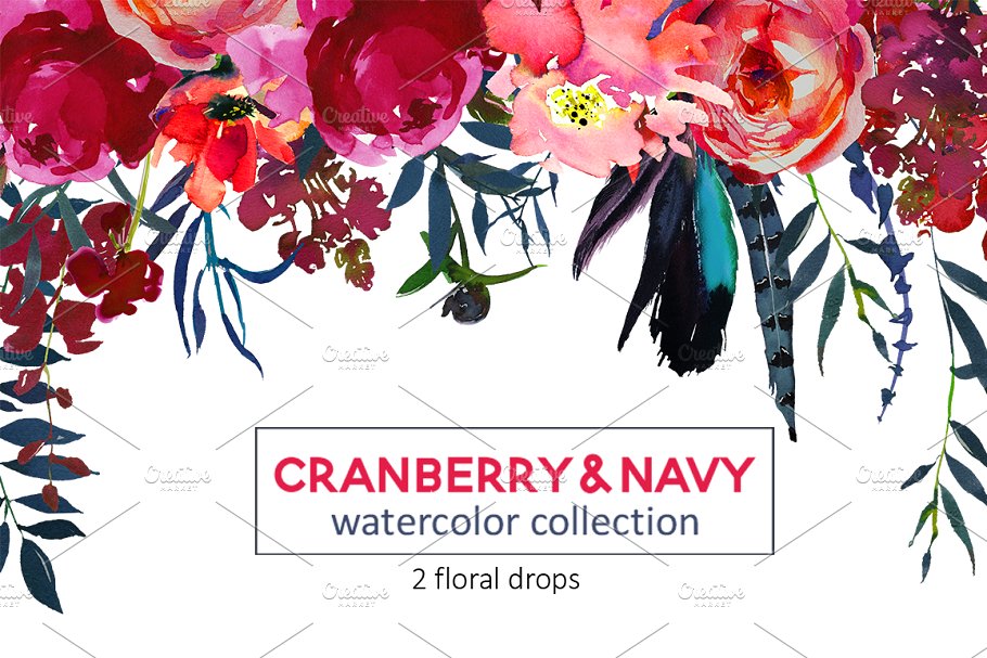 红色海军蓝波希米亚水彩花卉剪贴画 Red Navy Boho Watercolor Flowers插图(4)