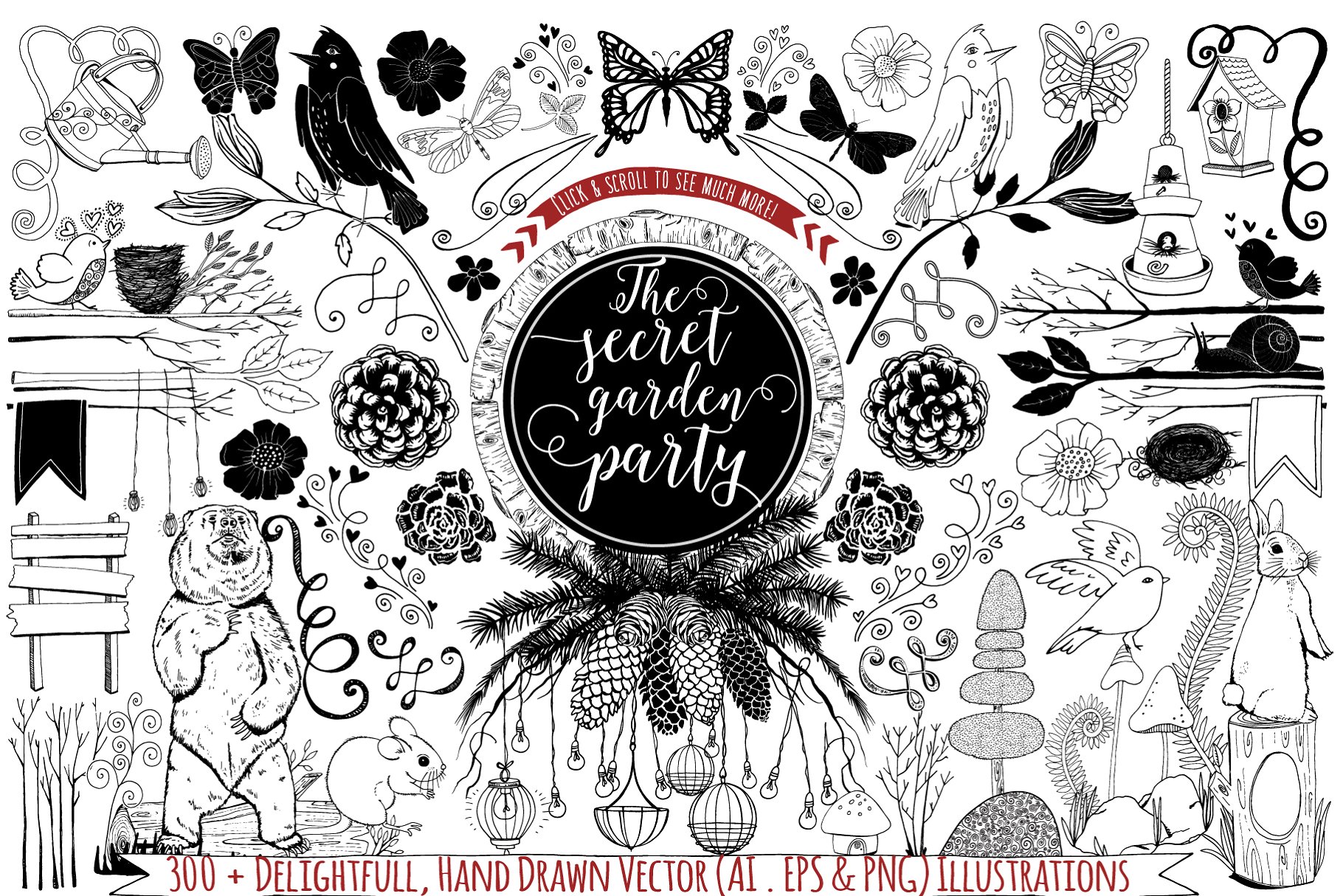 森林动物异想天开花园手绘设计元素 Woodland Animals Whimsical Garden插图(4)