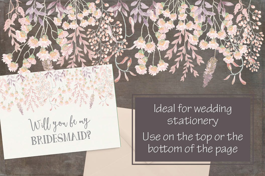 腮红&桃红色水彩手绘花朵/叶子图案素材库精选PNG素材 Blush Pom Pom Floral Border插图(1)