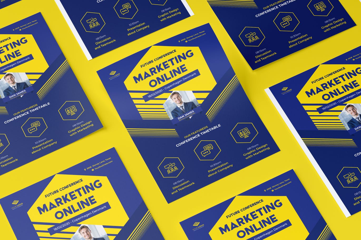 活动/会议/讲座主题黄蓝配色传单设计模板 Event Conference Flyer Illustrator Template插图