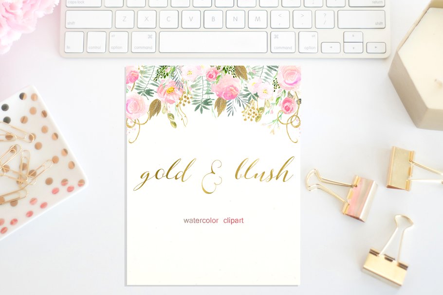 水彩浅粉腮红金色花卉剪贴画合集 Gold and blush watercolor flowers插图(5)