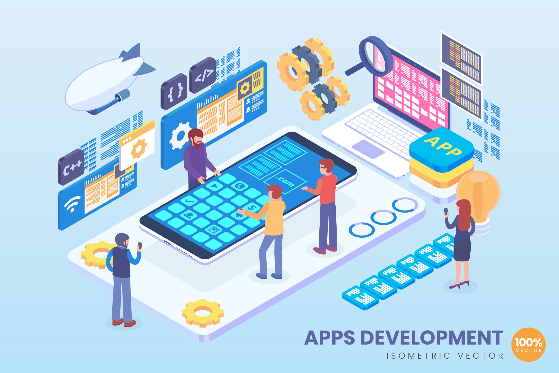APP应用程序开发主题等距矢量素材库精选概念插画 Isometric Mobile Apps Development Vector Concept插图