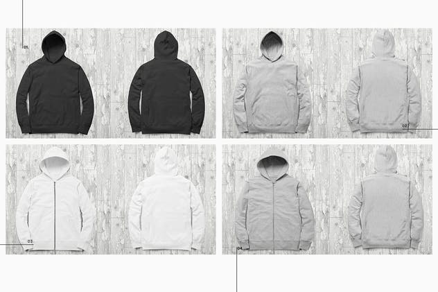 时尚黑白连帽衫T恤系列服装样机 Zip Up Hoodie Tee Collection Mockup插图(2)