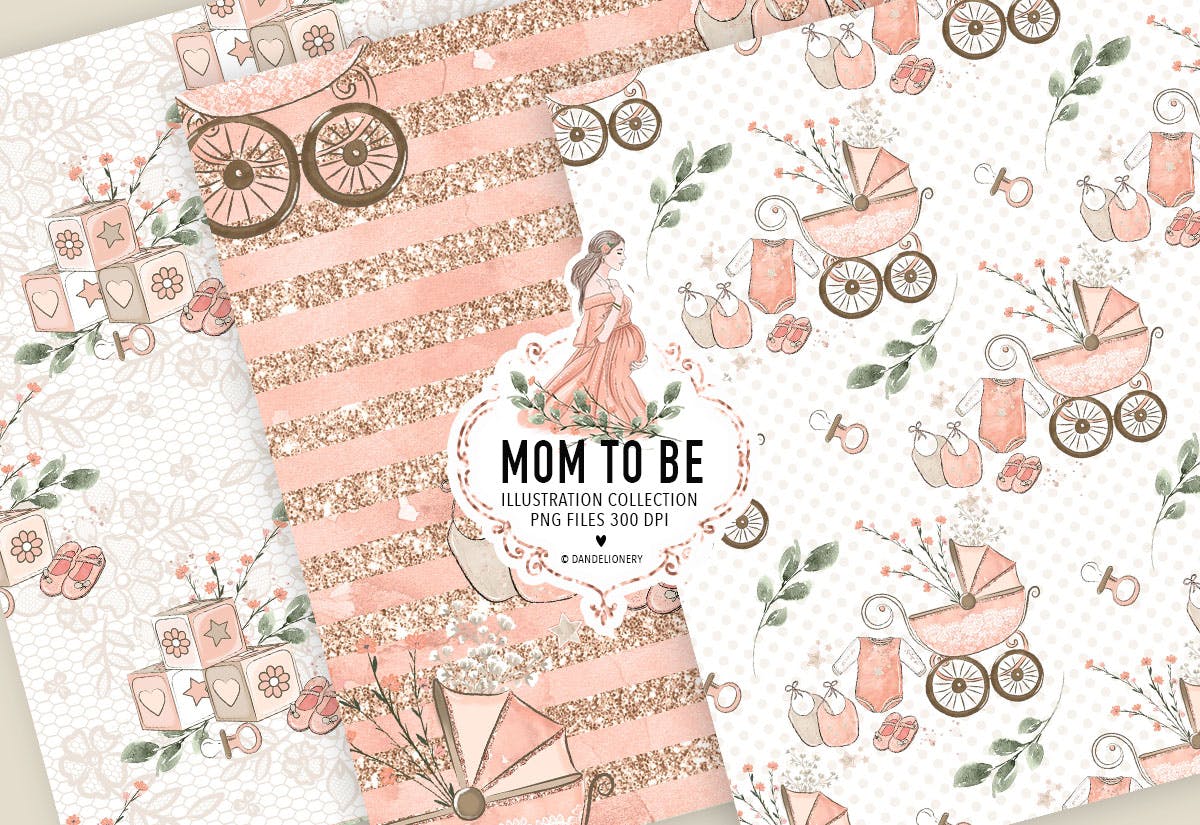 母婴新生儿主题数码纸张图案设计背景素材 Mom to be Maternity digital paper pack插图(3)