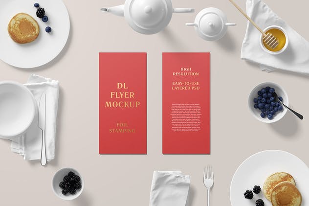 高端铝箔冲压工艺DL传单样机 DL Flyer With Foil Stamping Mockup – Breakfast Set插图(2)