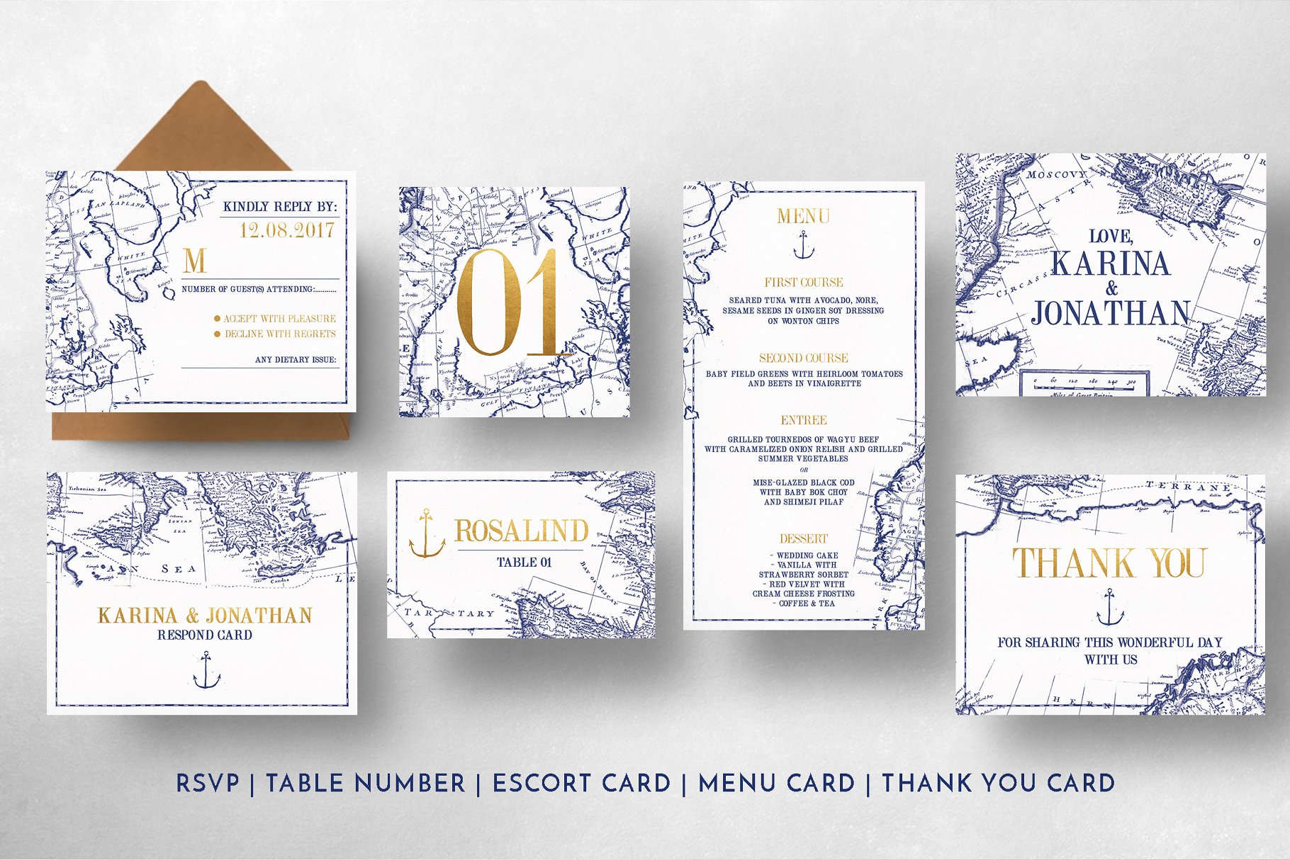 复古地图背景婚礼物料设计模板 Vintage Map Wedding Suite插图(5)