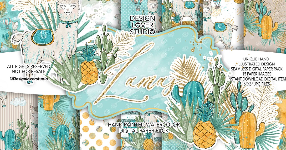 羊驼动物水彩背景图案设计素材 Lama boy digital paper pack插图