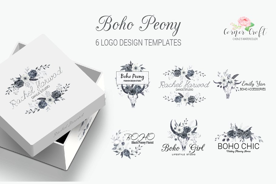 黑白色牡丹花水彩剪贴画 Boho Peonies Black and White插图(6)