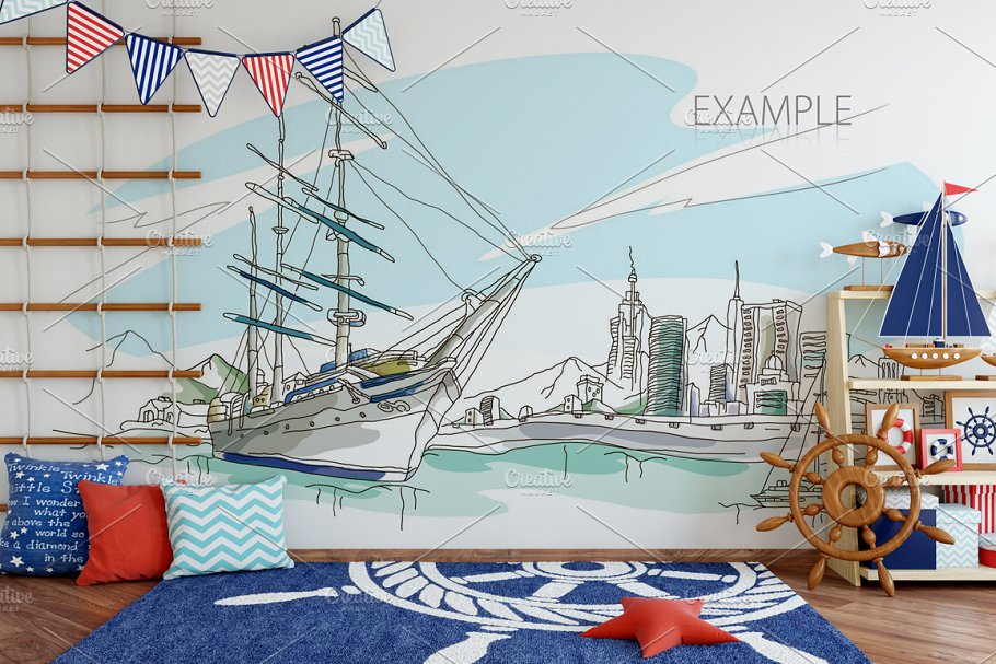 儿童主题室内墙纸设计展示和相框画框样机 Kids Interior Wall & Frames Mockup 1插图(20)