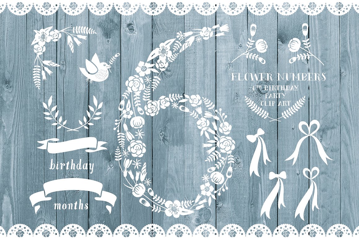 灰蓝色乡村木制背景生日派对邀请函模板 Floral number six, card invite插图