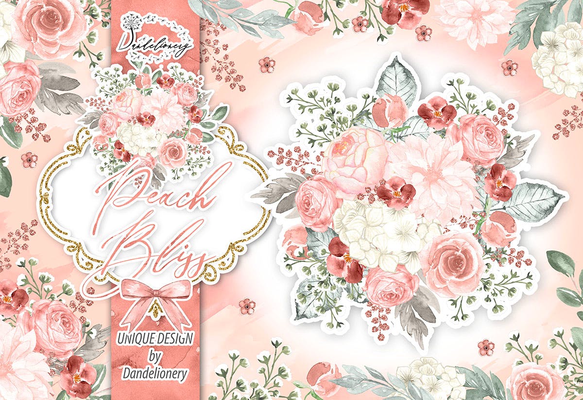 桃花色水彩手绘花卉剪贴画PNG素材 Watercolor Peach Bliss design插图(1)