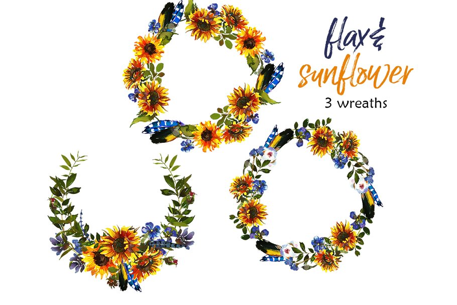 波希米亚风格向日葵亚麻花水彩剪贴画 Boho Sunflower Flax Flowers PNG插图(3)