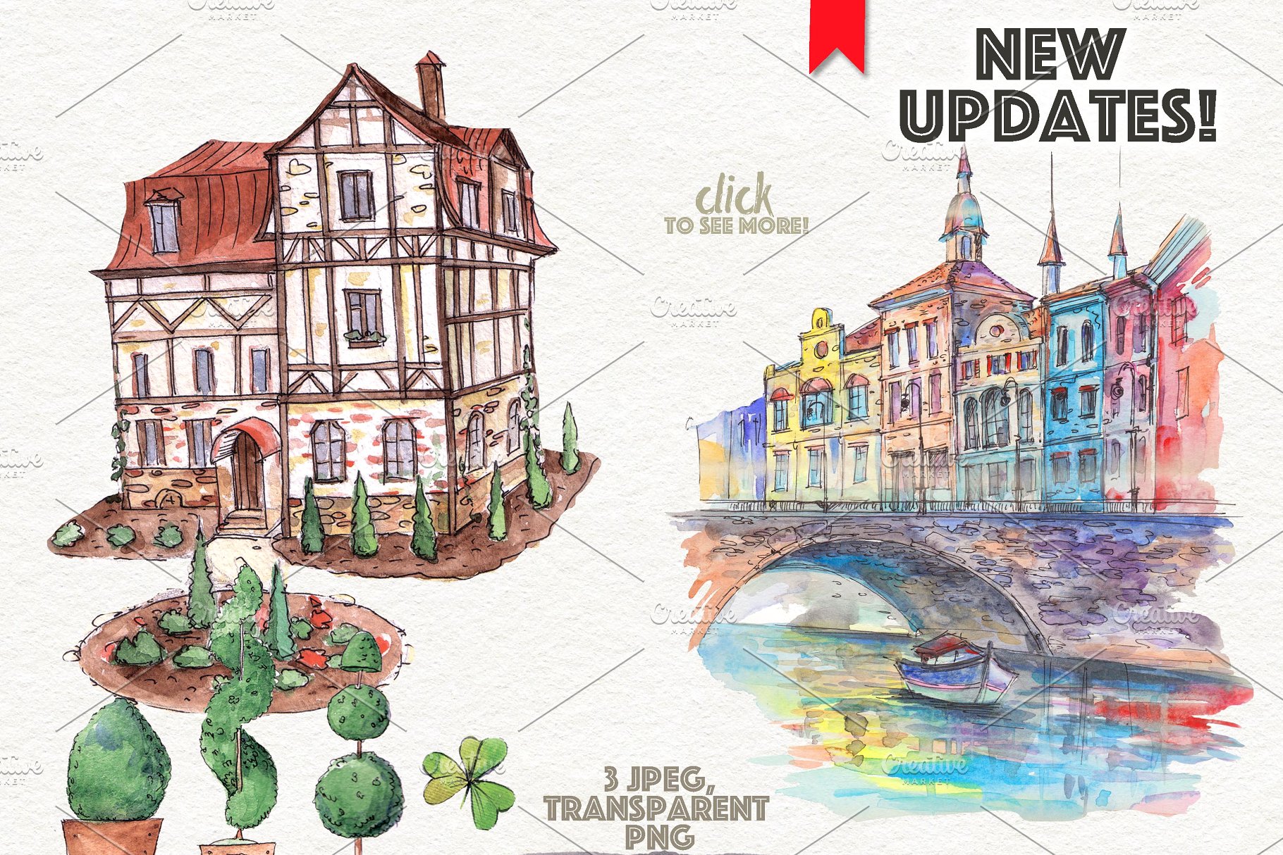 复古小车&城市街道手绘水彩插画 Retro cars & city streets插图(3)