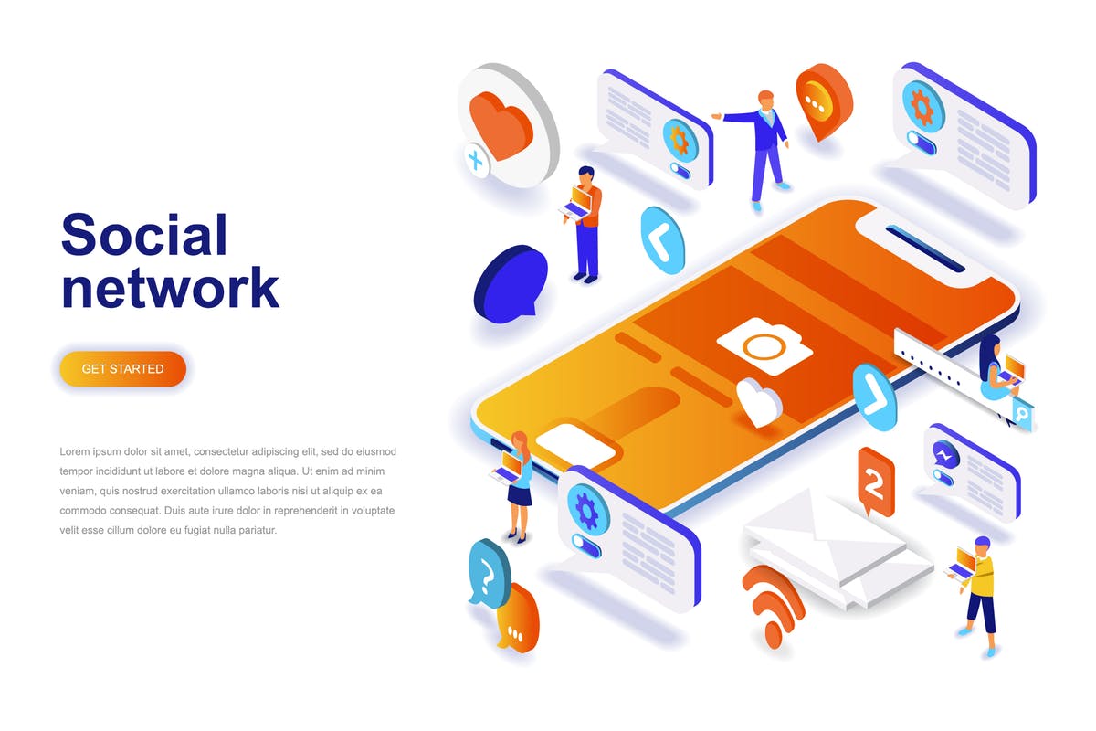 社交媒体新媒体场景等距概念插画 Social Network Isometric Concept插图