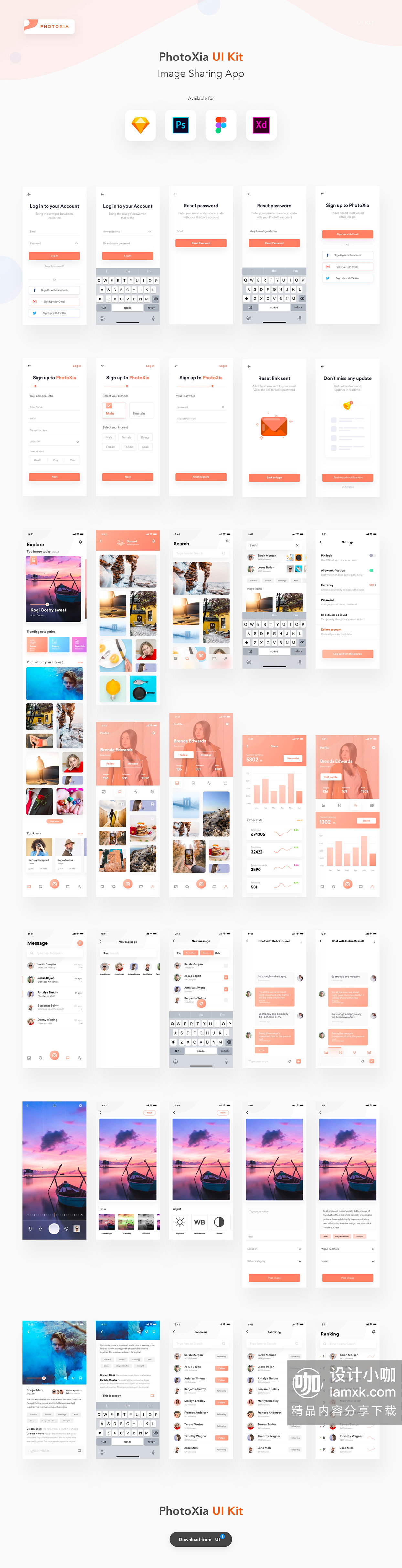 素材库下午茶：多功能图片分享社区 APP UI KIT [Sketch,PSD,fig,XD]