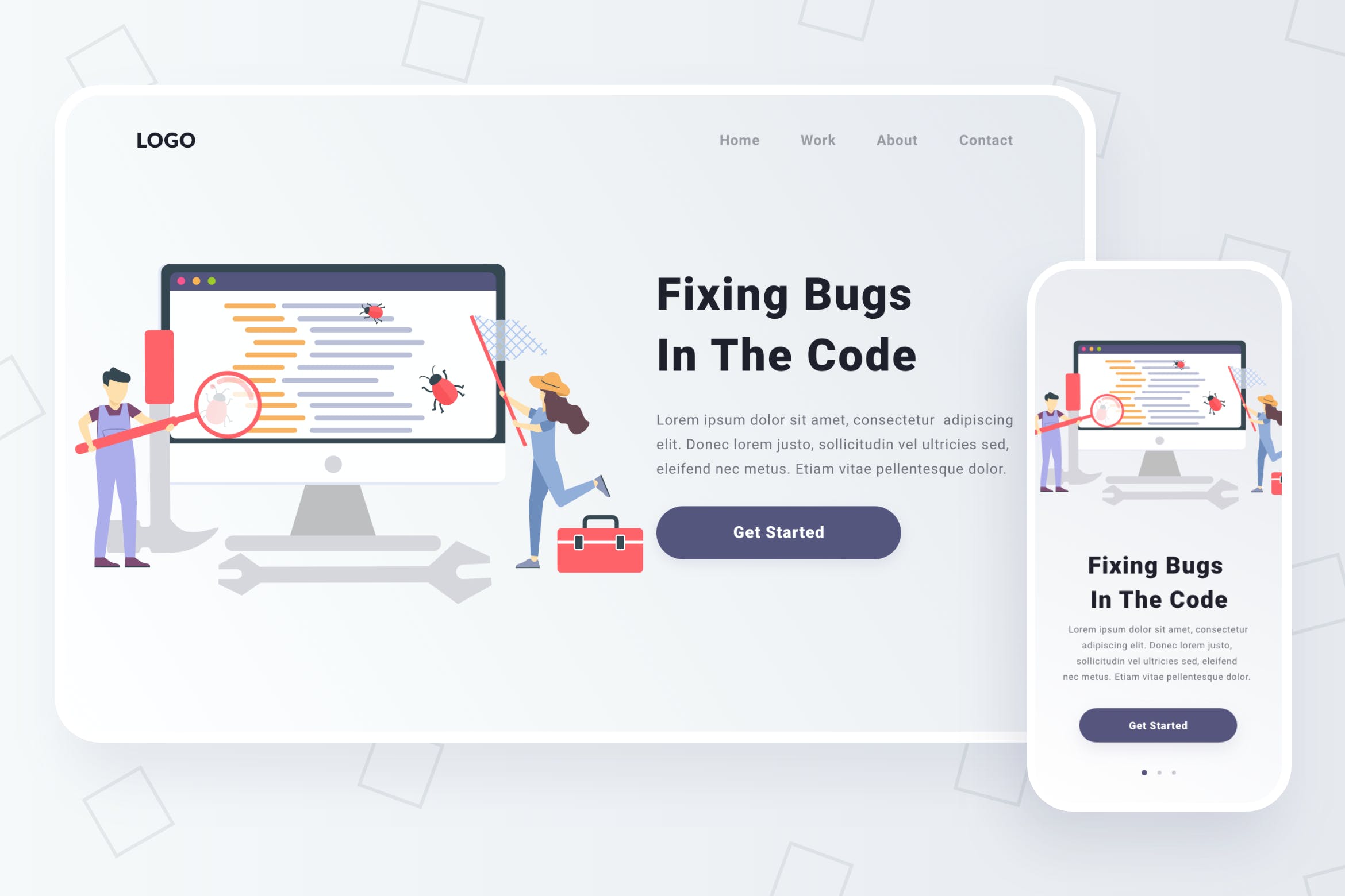 修Bug主题网站设计矢量素材库精选概念插画素材 Fixing Bugs in The Code Illustration插图