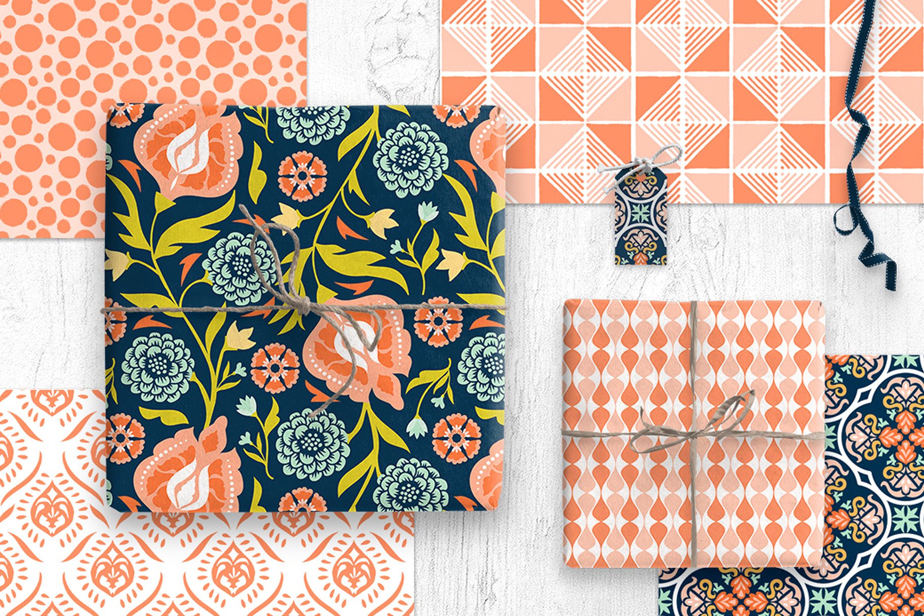 靛蓝与番木瓜色现代图案纹理 Indigo and Papaya Modern Patterns插图(1)