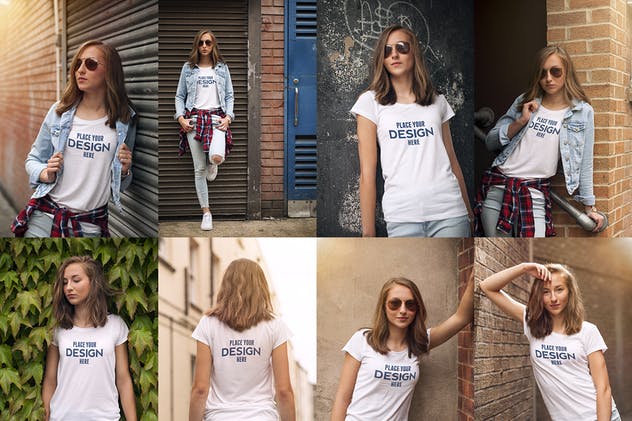 女款V领T恤欧美时装模特上身效果样机 Crew Neck T-shirt Mock-up Female Version插图(5)