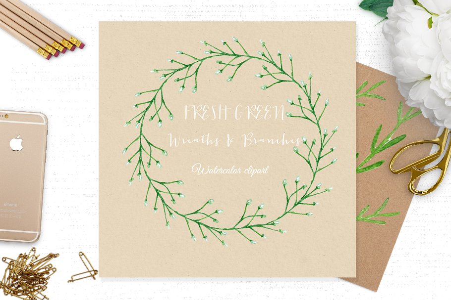 新鲜淡绿色手绘树枝花环剪贴画合集 Fresh green branches & wreath插图(3)