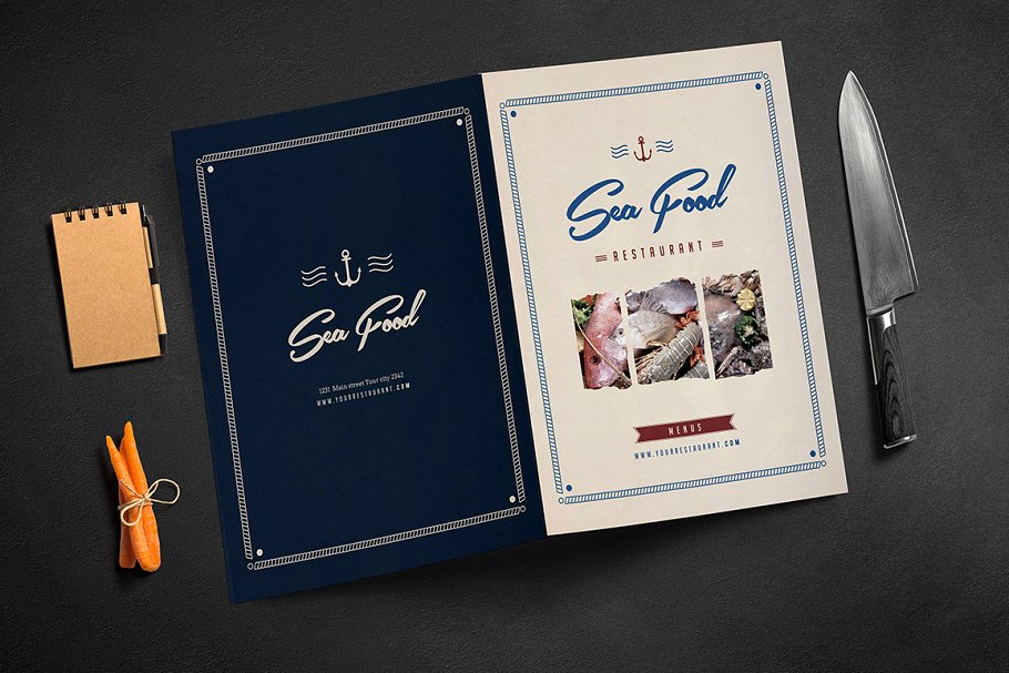 朴素海鲜餐馆折叠菜单模板 Rustic Sailor Bifold Menu插图
