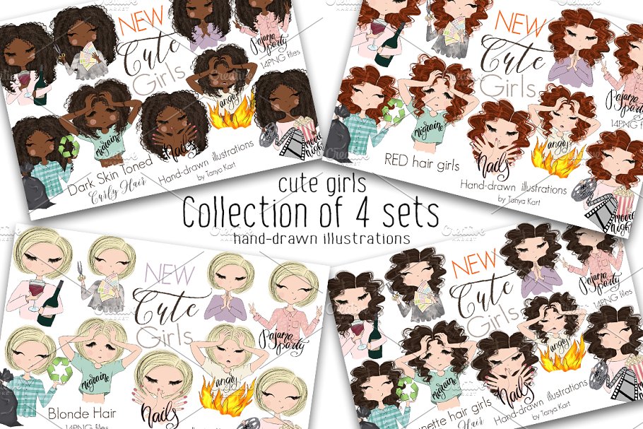 手绘卡通女性形象合集 Collection of 4 Sets Girls插图