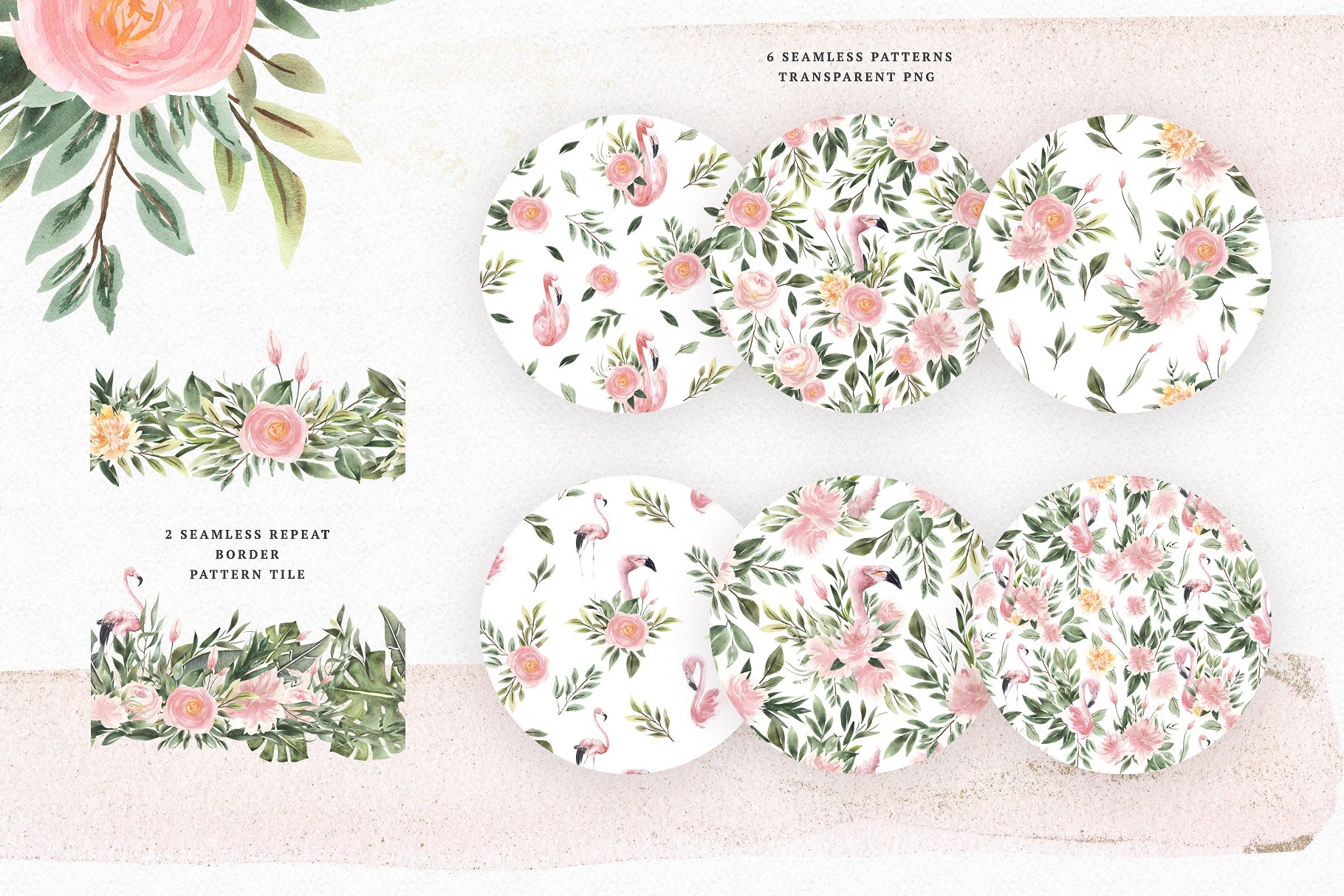 火烈鸟与鲜花矢量水彩插画 Watercolor Flamingo & Flowers插图(3)