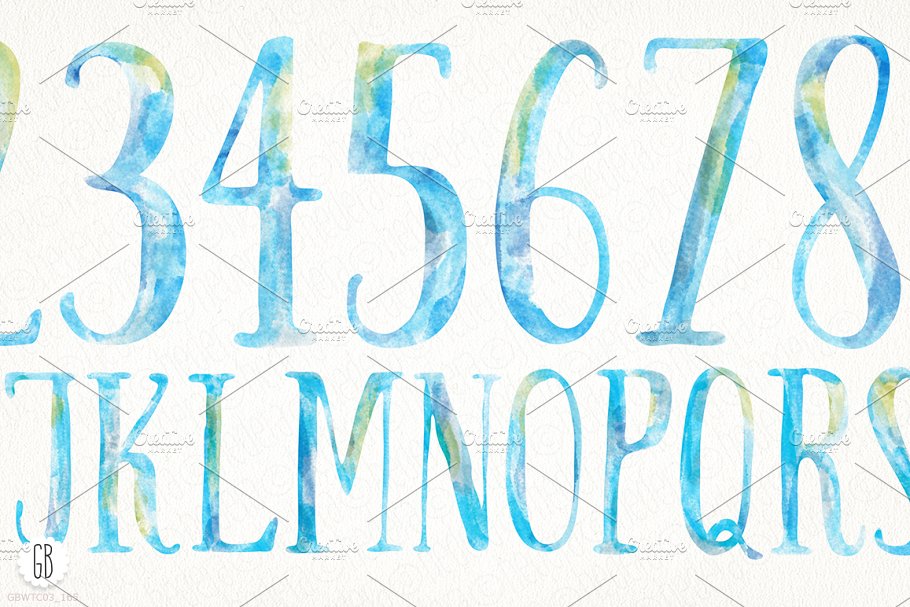 手绘的天空蓝色水彩字母 Watercolor baby boy alphabet插图(1)