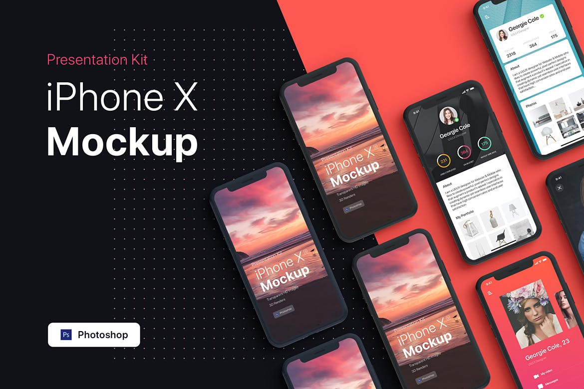 APP界面设计截图预览iPhone 8手机样机模板v2 Presentation Kit – iPhone showcase Mockup插图(4)