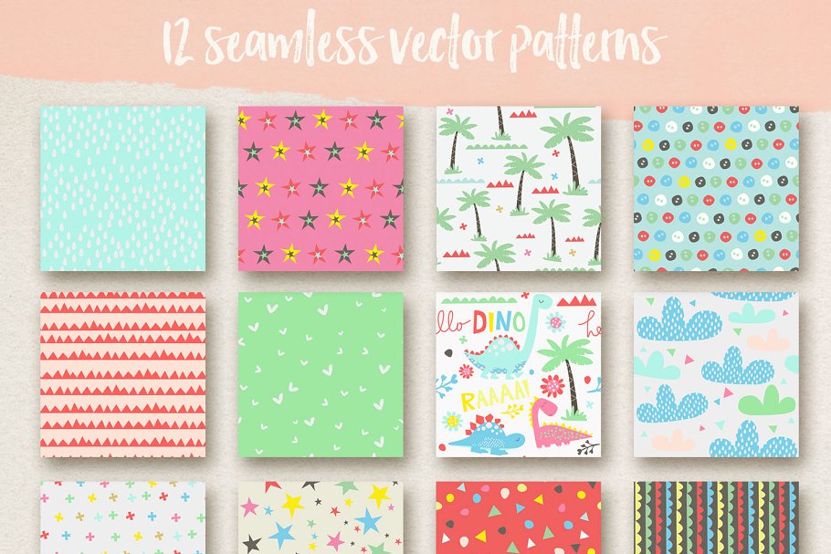 恐龙主题剪贴画无缝矢量图案纹理 Hello Dino Collections插图(1)